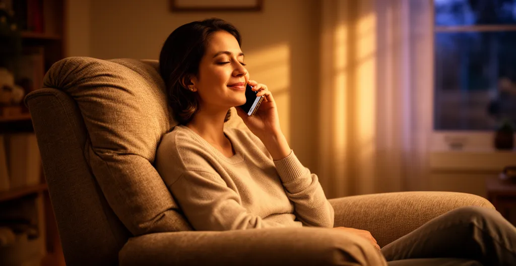 Personne confortablement installée dans un fauteuil, téléphone à l'oreille, expression détendue