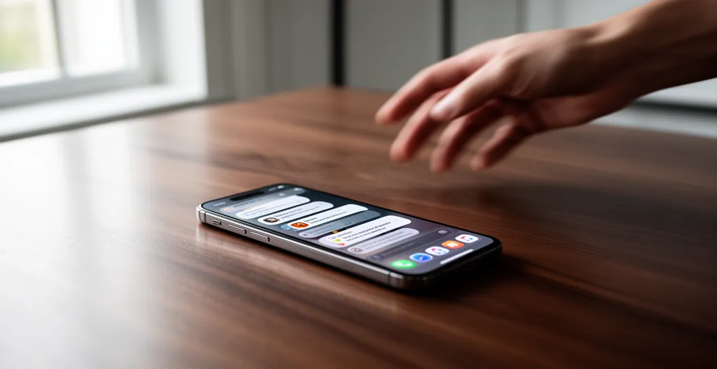 Smartphone affichant des notifications multiples posé sur une table, main s'en éloignant
